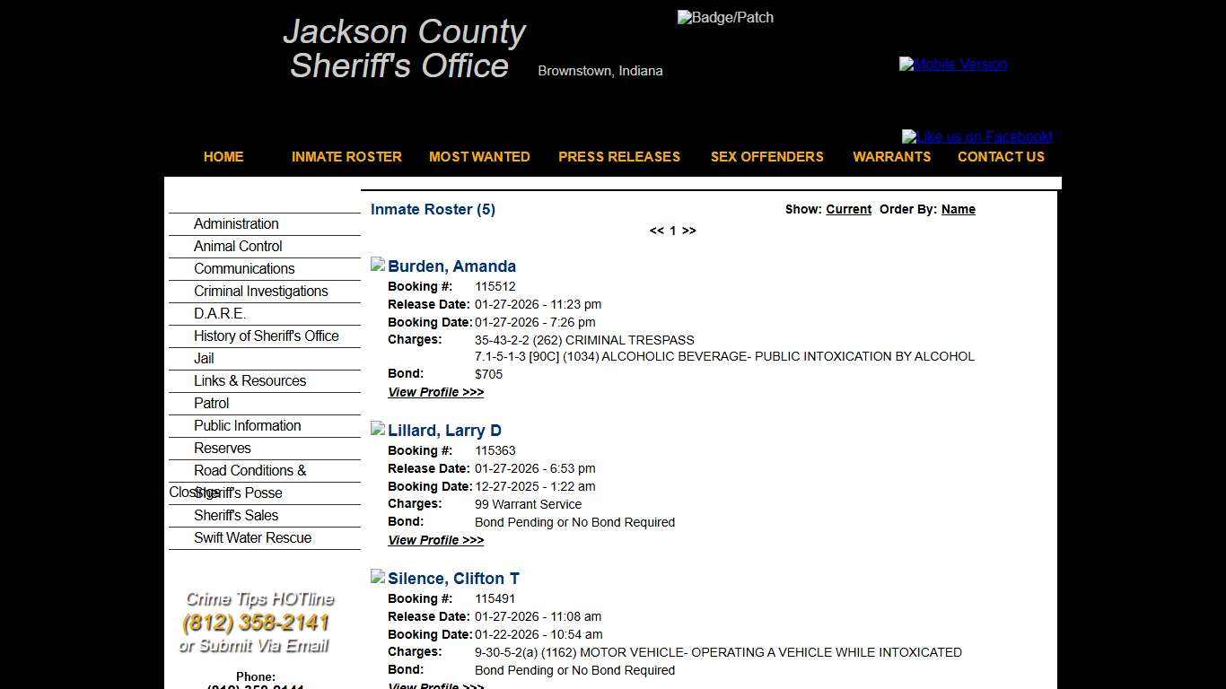 Inmate Roster - Released Inmates Booking Date Descending - Jackson County IN Sheriff